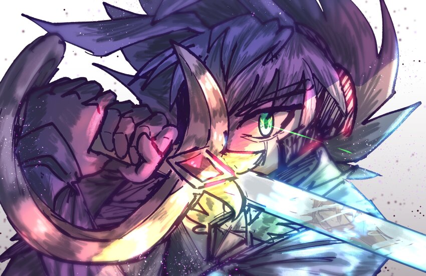 1boy antenna_hair armor arms_up clenched_hands close-up coat covered_mouth dappled_sunlight different_reflection eyes_in_shadow facial_mark facing_to_the_side gem gengba1661 green_eyes hands_up highres holding holding_sword holding_weapon light_particles looking_to_the_side male_focus one_eye_covered popped_collar red_gemstone reflection reflective_surface shoulder_armor spiked_hair sunlight sword upper_body weapon white_arm_warmers white_background white_coat white_hair yu-gi-oh! yu-gi-oh!_go_rush!! yudias_velgear