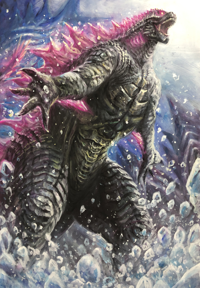 absurdres bioluminescence claws elbow_spikes fangs g.n.a giant giant_monster gills glowing godzilla godzilla_(monsterverse) godzilla_(series) godzilla_evolved godzilla_x_kong:_the_new_empire highres jaw kaiju king_kong_(series) legendary_pictures long_tail monster monsterverse muscular no_humans open_mouth scales sharp_teeth spiked_tail spines tail teeth toho