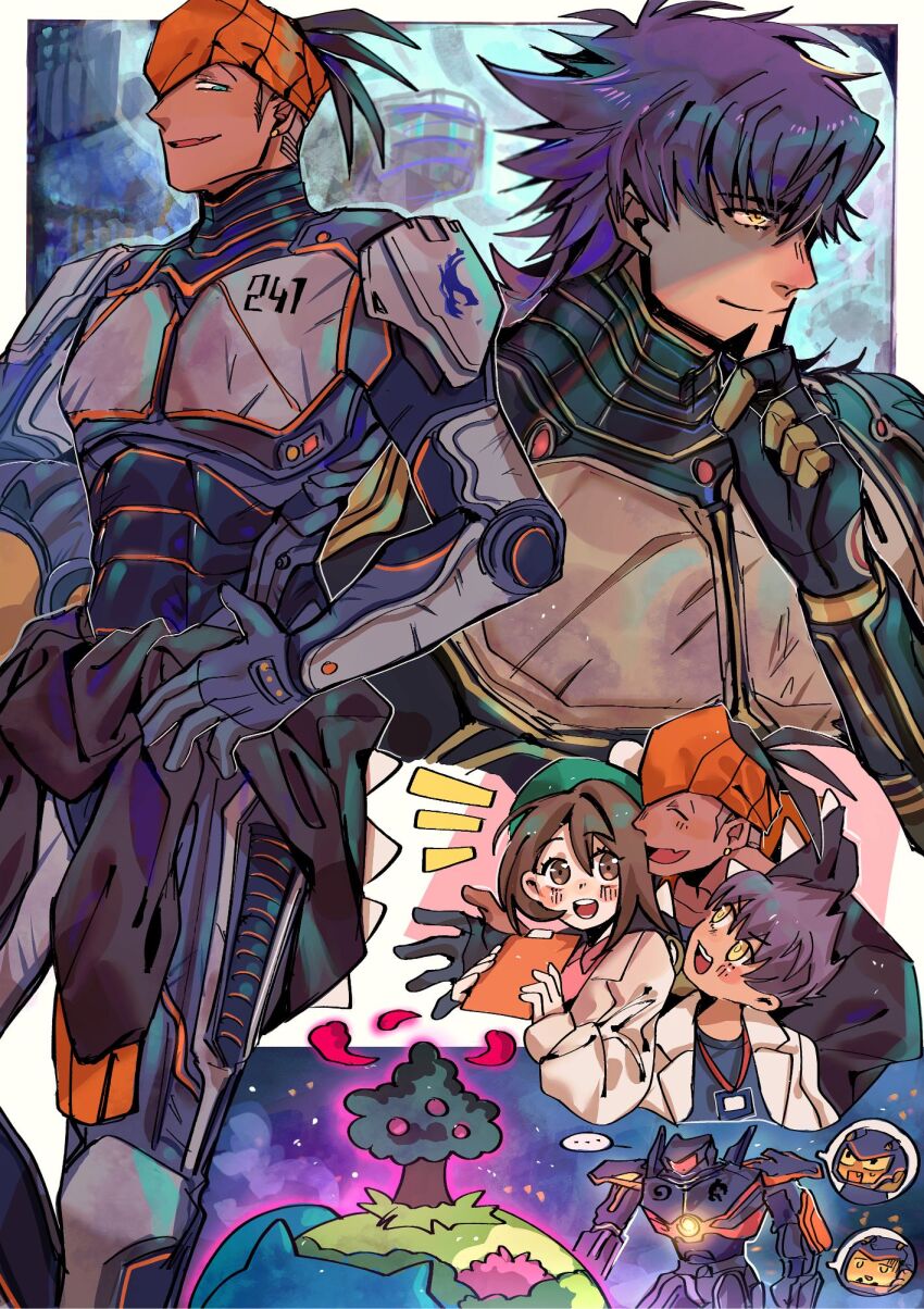 1girl 3boys beard black_hair bodysuit border brown_eyes brown_hair chiyo_(miichiyochin) clipboard clothes_around_waist crossover dark-skinned_male dark_skin facial_hair game_freak gen_1_pokemon gigantamax gigantamax_snorlax gipsy_danger gloria_(pokemon) highres holding holding_clipboard hop_(pokemon) jacket jacket_around_waist leon_(pokemon) mecha multiple_boys name_tag nintendo open_mouth pacific_rim parted_lips pokemon pokemon_(creature) pokemon_swsh purple_hair raihan_(pokemon) robot short_hair snorlax thinking white_border yellow_eyes