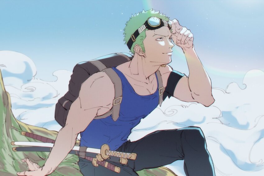 1boy bag bandana_around_arm blue_tank_top closed_mouth cloud commentary epcl4zj4u goggles goggles_on_head green_hair looking_up male_focus one_piece roronoa_zoro short_hair shoulder_bag sideburns sitting smile solo sword tank_top weapon