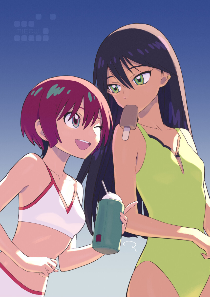 2girls ;d amate_yuzuriha bikini black_hair blue_dress breasts commentary_request dress food food_in_mouth gradient_background green_eyes green_one-piece_swimsuit gundam gundam_gquuuuuux highres holding long_hair looking_at_another mouth_hold multiple_girls nyaan_(gundam_gquuuuuux) one-piece_swimsuit one_eye_closed open_mouth popsicle popsicle_in_mouth red_hair rustle short_hair small_breasts smile swimsuit white_bikini