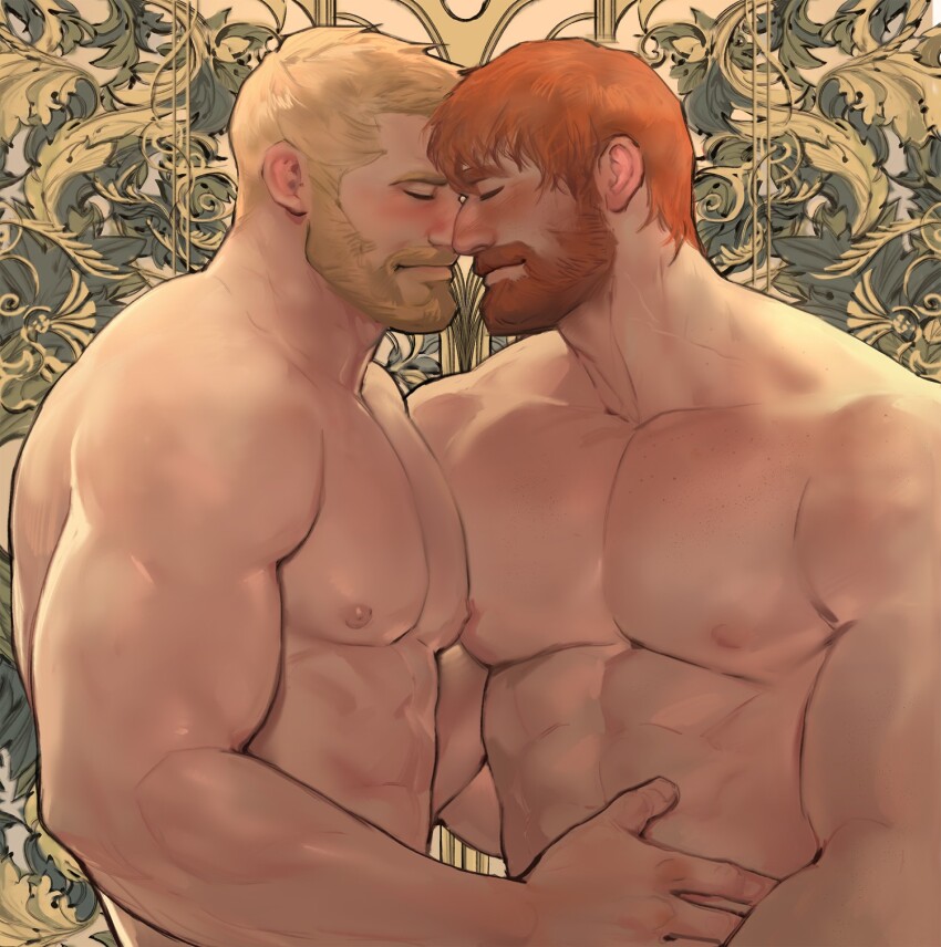 2boys abs bara beard blonde_hair body_hair closed_eyes couple dopey_(dopq) facial_hair hair_down heads_together highres imminent_kiss large_pectorals male_focus mature_male multiple_boys muscular muscular_male nipples orange_hair original pectoral_docking pectoral_press pectorals revision simple_background smile topless_male upper_body yaoi