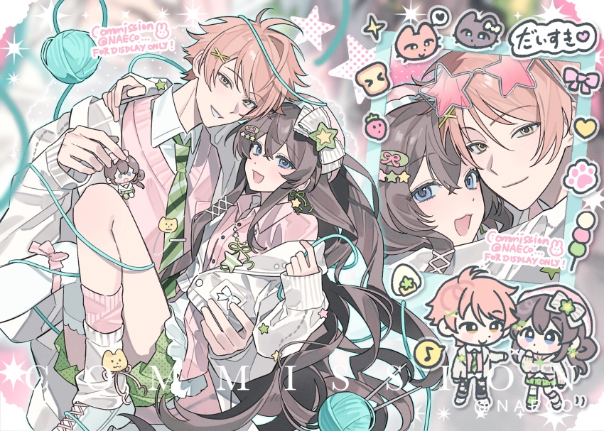 1boy 1girl blue_eyes blush brown_hair cardigan carrying carrying_person chibi chibi_inset closed_mouth collared_shirt evodtonaeco eyewear_on_head hair_between_eyes hair_ornament hairclip highres jacket long_hair long_sleeves looking_at_viewer miniskirt multiple_views necktie open_mouth orange_hair original pink_cardigan pink_hair pink_shirt pink_sweater pleated_skirt princess_carry school_uniform shirt short_hair skirt sleeves_past_wrists smile star_(symbol) sweater sweater_vest white_shirt yellow_eyes