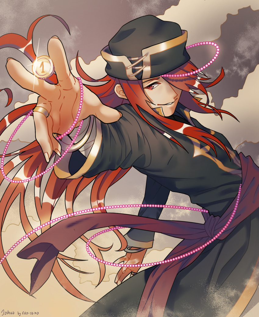 1boy absurdres artist_name beads black_hat bracelet character_name coin edo-sama fire_emblem fire_emblem:_the_sacred_stones glint hair_over_one_eye hat highres jewelry joshua_(fire_emblem) long_hair looking_at_viewer male_focus nintendo red_eyes red_hair ring smile solo standing very_long_hair