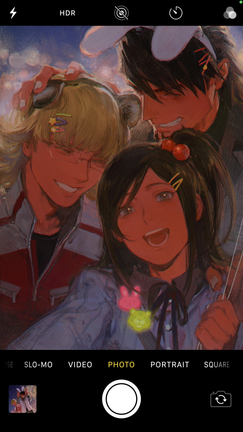 1girl 2boys absurdres animal_ear_hairband animal_ears barnaby_brooks_jr. closed_eyes creamyghost fake_animal_ears fake_screenshot glasses grey_eyes grin hair_bobbles hair_ornament hairband hairclip highres holding jacket kaburagi_kaede kaburagi_t._kotetsu lion_ears multiple_boys open_mouth rabbit_ear_hairband rabbit_ears red_jacket selfie_stick shirt smile tiger_&amp;_bunny white_shirt