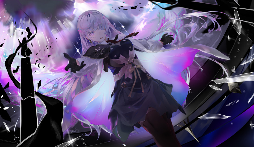 1girl absurdres arcaea black_gloves black_pantyhose black_skirt bow collared_shirt colorful_background cowboy_shot earrings empty_eyes gloves hair_between_eyes highres insight_(arcaea) jewelry long_sleeves necktie pantyhose purple_eyes reaching reaching_towards_viewer red_necktie shirt single_shoulder_pad skirt smile solo thigh_strap white_hair white_shirt xettia yellow_bow