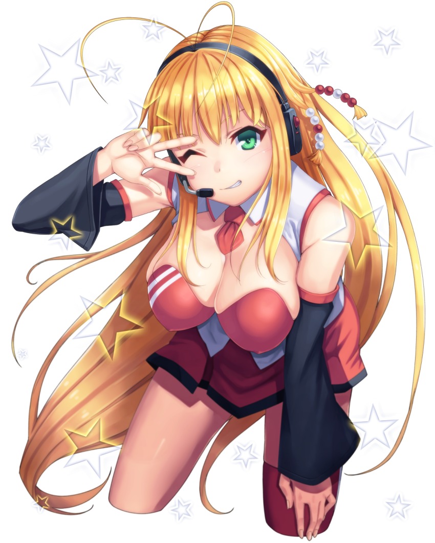 1girl antenna_hair blonde_hair blush breasts cleavage covered_erect_nipples cropped_legs detached_sleeves female_focus gon_(gontarou) green_eyes grin hair_ornament hand_on_own_thigh hanging_breasts headphones headset highres large_breasts long_hair looking_at_viewer marble microphone miniskirt necktie one_eye_closed pleated_skirt red_skirt red_thighhighs short_necktie single_thighhigh skirt smile solo star_(symbol) thighhighs tsurumaki_maki very_long_hair vocaloid voiceroid w white_background