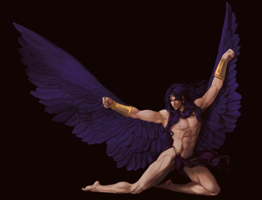 1boy armlet armpits bare_pectorals bare_shoulders battle_tendency bracer bulge bussiarati clothes_lift feathered_wings full_body gold highres jewelry jojo_no_kimyou_na_bouken kars_(jojo) long_hair looking_to_the_side male_focus muscular muscular_male on_one_knee pectorals pelvic_curtain pelvic_curtain_lift realistic solo spread_wings thick_eyebrows wind wings