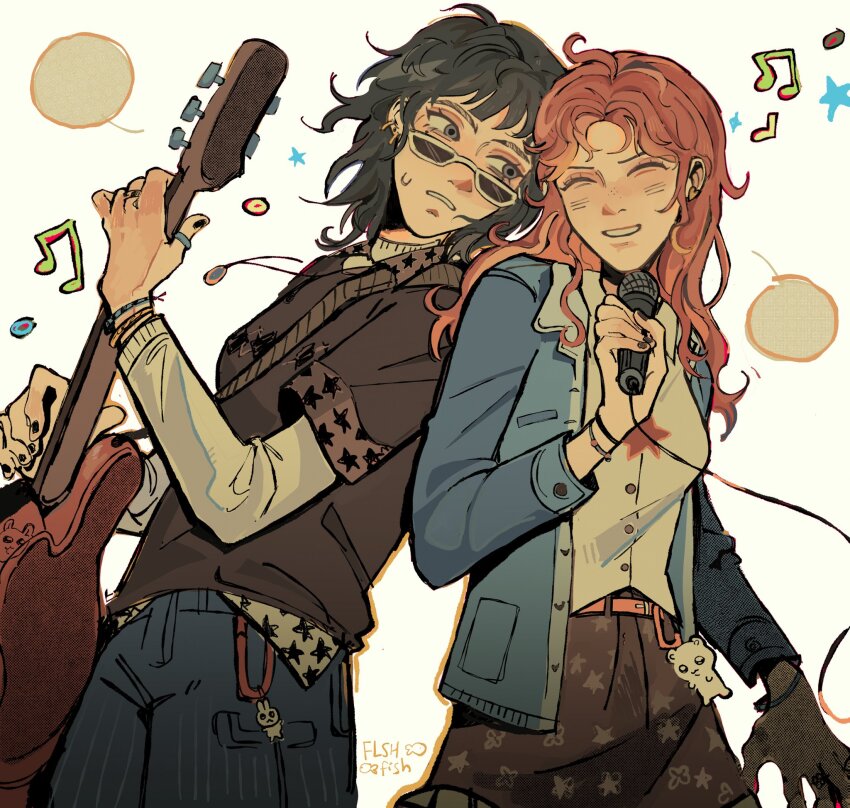 2girls ^_^ artist_logo artist_name back-to-back beamed_eighth_notes black_hair black_nails black_shirt blue_jacket blue_pants blush brown_skirt cable carabiner charm_(object) closed_eyes commentary cowboy_shot english_commentary flshfish grey_eyes guitar guitar_strap heads_together highres holding holding_guitar holding_instrument holding_microphone instrument jacket kininatteru_hito_ga_otoko_ja_nakatta koga_mitsuki layered_sleeves leaning_back logo long_hair long_sleeves microphone multiple_girls musical_note oosawa_aya orange_hair pants quarter_note shirt short_hair short_over_long_sleeves short_sleeves skirt smile star_(symbol) star_print sunglasses v-shaped_eyebrows wavy_hair white_shirt