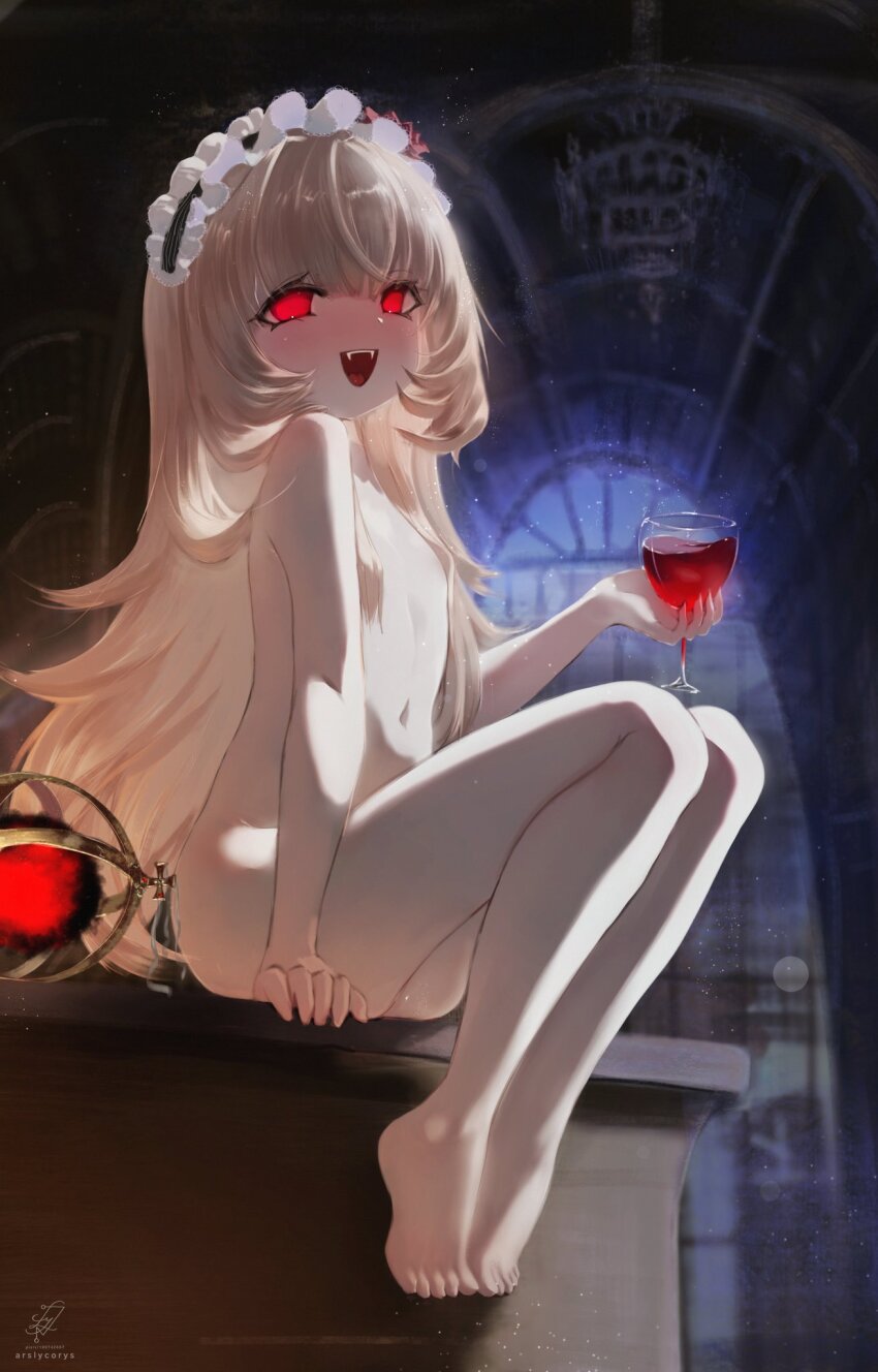 1girl ars_lycorys blonde_hair blurry blurry_background character_request commission completely_nude convenient_censoring copyright_request cup drinking_glass fangs flat_chest frilled_hairband frills glowing glowing_eyes hair_over_breasts hairband highres indoors loli long_hair looking_at_viewer navel nude red_eyes sitting smile solo vampire watermark white_hairband wine_glass