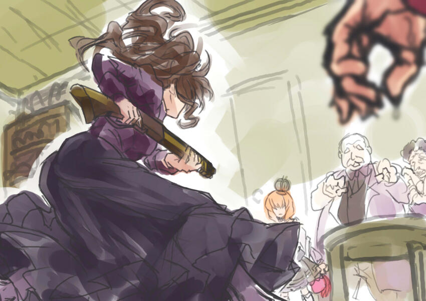 1boy 3girls aunt_and_niece bald black_dress blonde_hair brown_hair child crown dress expressionless facial_hair grey_hair gun holding holding_gun holding_weapon kumasawa_chiyo long_hair looking_at_another mature_female mimasato multiple_girls mustache nanjou_terumasa no_eyes old old_man old_woman purple_dress scared table umineko_no_naku_koro_ni ushiromiya_maria ushiromiya_natsuhi weapon
