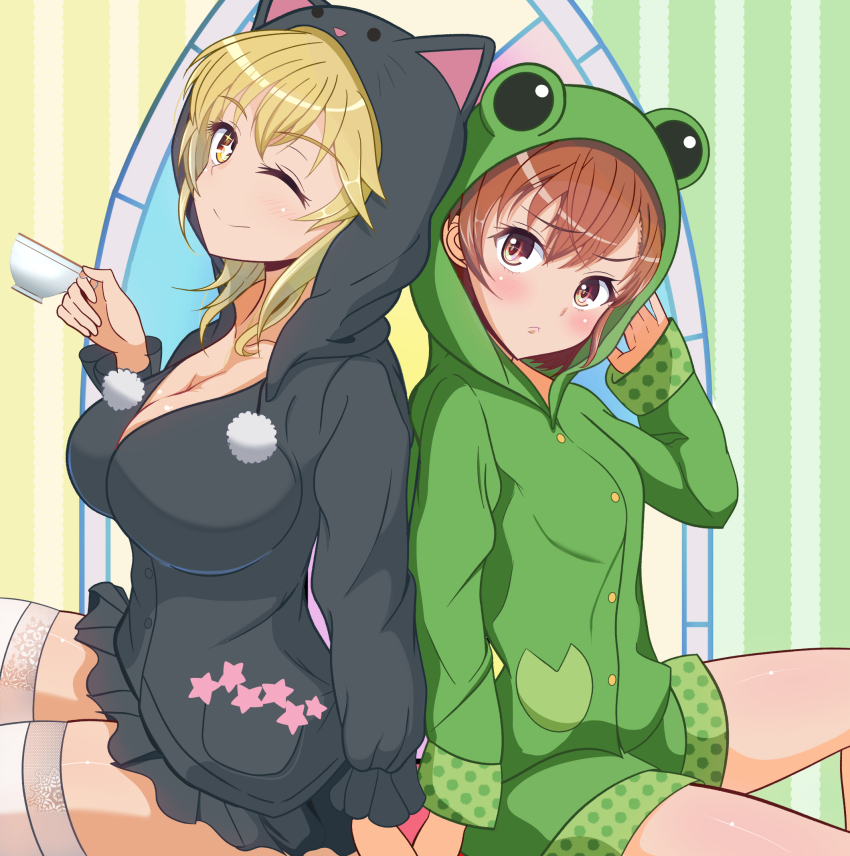 2girls ;) animal_hood announcement_celebration back-to-back black_pajamas blonde_hair breasts brown_eyes brown_hair cat_hood cleavage cup frog_hood gekota green_pajamas highres holding holding_cup holding_hands hood kumaisao large_breasts long_hair long_sleeves looking_at_viewer misaka_mikoto multiple_girls one_eye_closed pajamas shokuhou_misaki short_hair simple_background sitting smile sparkling_eyes teacup thighhighs toaru_kagaku_no_mental_out toaru_kagaku_no_railgun toaru_majutsu_no_index white_thighhighs yellow_eyes