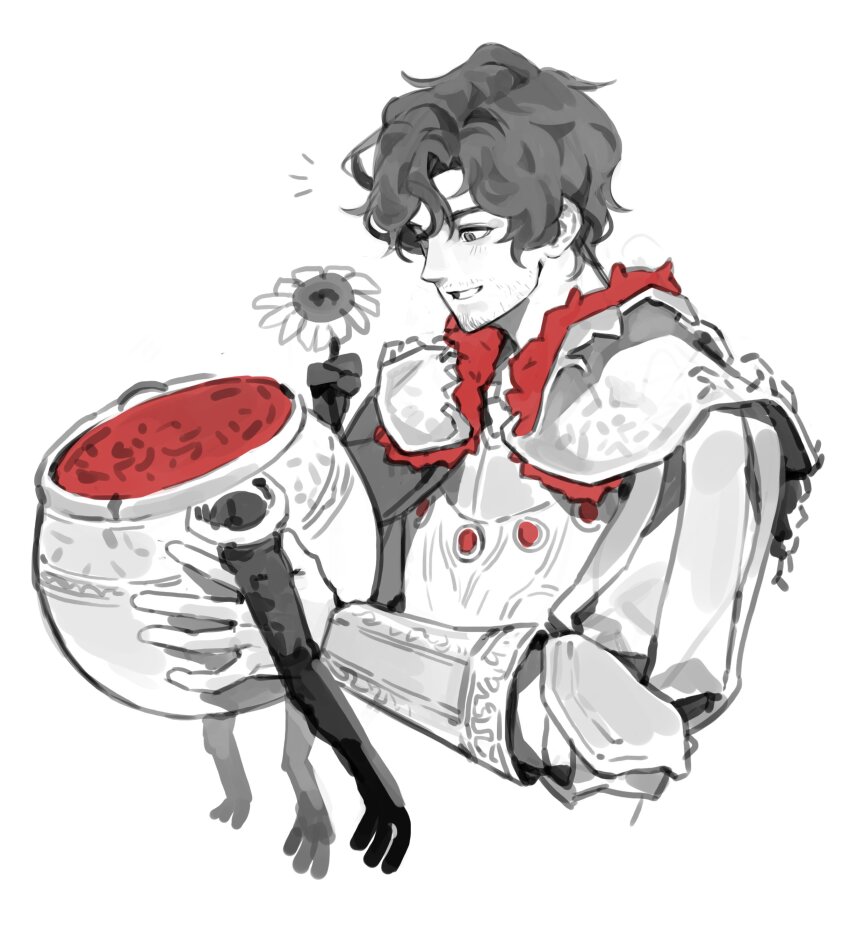 1boy :d absurdres armor black_hair breastplate curly_hair diallos_(elden_ring) elden_ring facial_hair flower fur-trimmed_armor fur_trim highres holding holding_flower jar living_jar_(elden_ring) male_focus open_mouth pauldrons sadoseja854000 short_hair shoulder_armor simple_background smile sunflower white_background