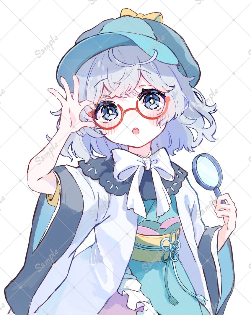 1girl :o blue_eyes blue_hat blue_kimono blush bow bowtie commentary_request glasses grey_hair hat highres holding holding_magnifying_glass jacket japanese_clothes kimono looking_at_viewer magnifying_glass obi open_clothes open_jacket open_mouth original red-framed_eyewear round_eyewear sample_watermark sash short_hair short_sleeves solo upper_body watermark watermark_grid white_background white_bow white_bowtie white_jacket wide_sleeves yellow_sash zane290