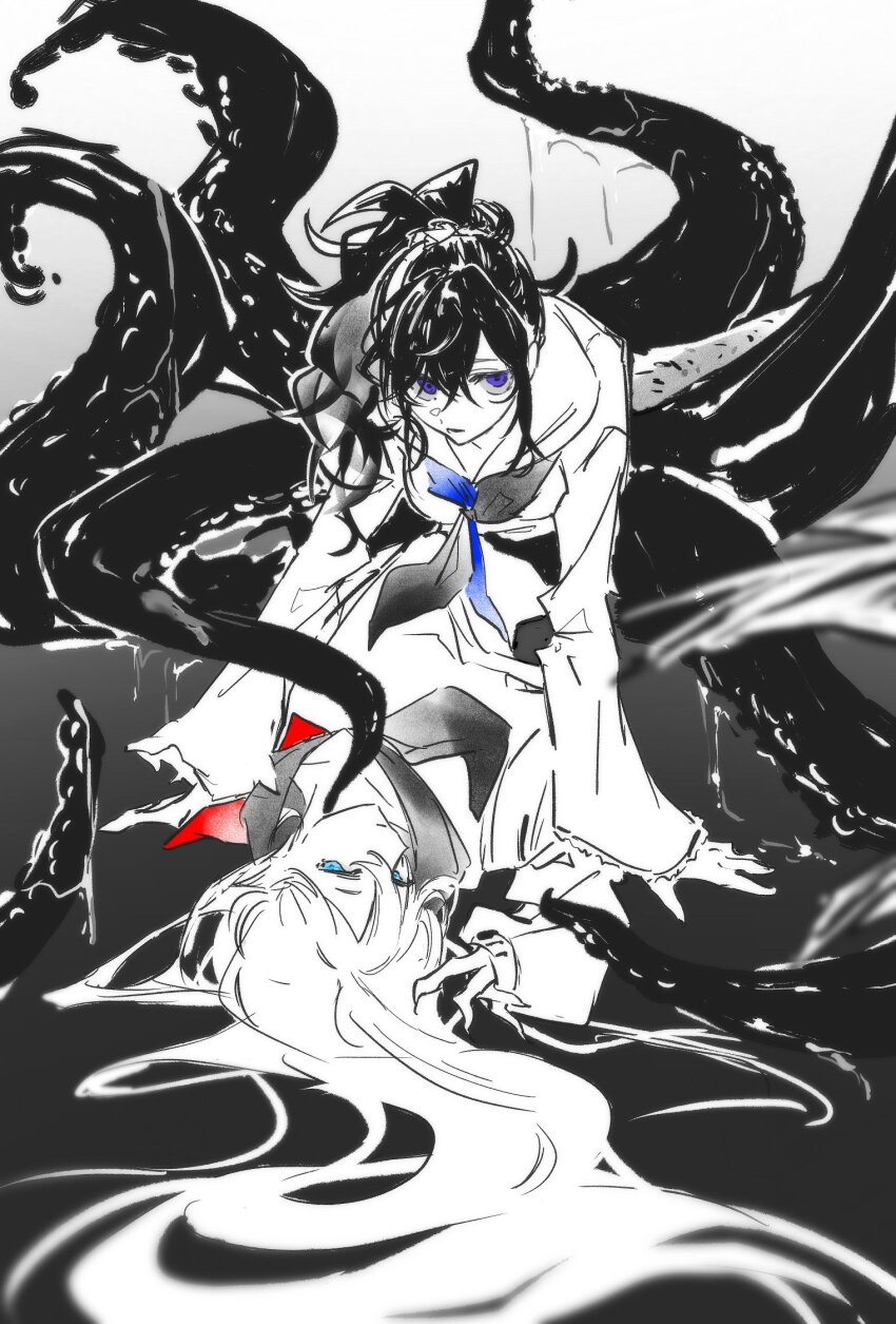 1boy 1girl asahina_mafuyu assertive_female character_request girl_on_top highres letmevisittt project_sekai school_uniform serafuku tentacles yukadon