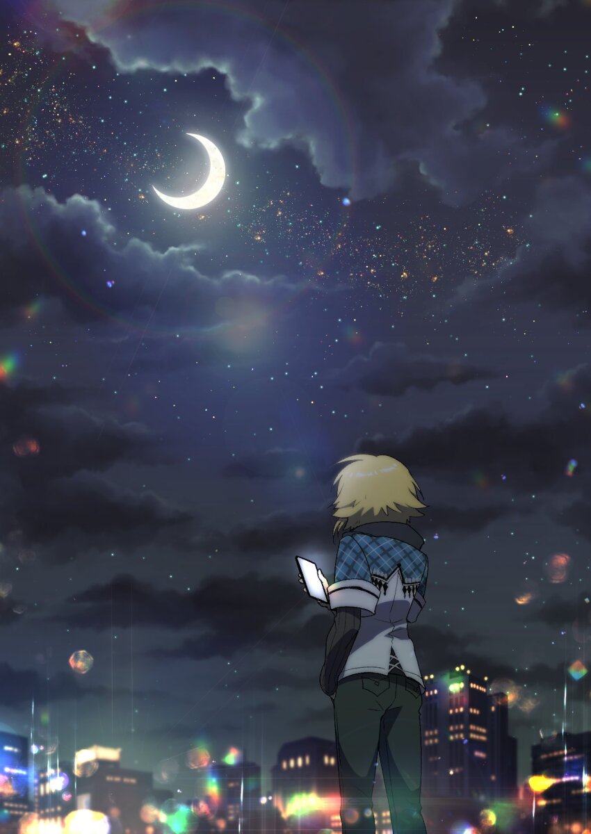 1boy blonde_hair blue_jacket blurry bokeh building cellphone city_lights cloud collared_jacket crescent_moon depth_of_field facing_away feet_out_of_frame flipped_hair from_behind green_eyes green_pants grey_shirt hashtag-only_commentary highres holding holding_phone jacket layered_sleeves lens_flare long_sleeves male_focus mise_yuzuki moon moonlight night night_sky nijisanji pants phone plaid_clothes plaid_jacket ribbed_shirt shirt short_hair short_over_long_sleeves short_sleeves sky smartphone solo standing star_(sky) starry_sky uzuki_kou uzuki_kou_(1st_costume) v-neck virtual_youtuber white_jacket