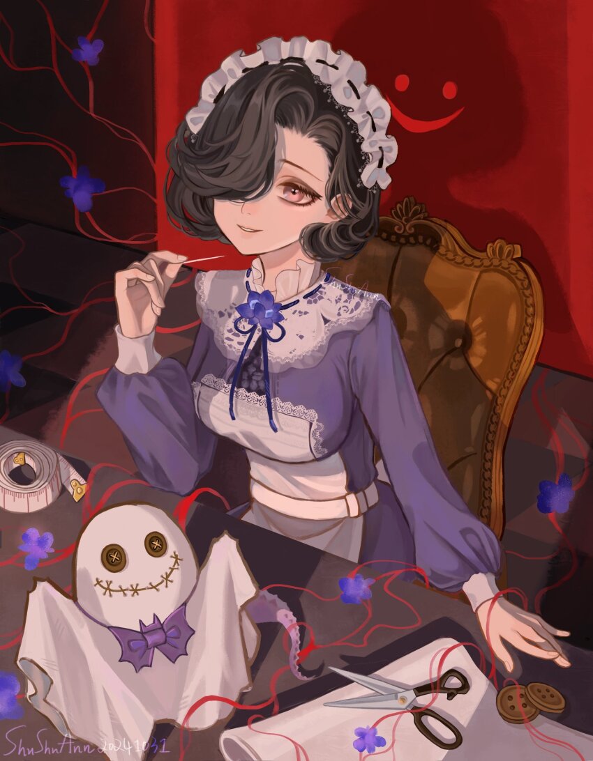 1girl apron artist_name black_hair black_ribbon breasts buttons chair dark_background dated different_shadow dress eyed_silhouette fabric flower grin hair_over_one_eye halloween hand_up highres holding holding_needle long_sleeves looking_at_viewer maid maid_headdress medium_breasts neck_flower neck_ribbon needle one_eye_covered pink_eyes purple_dress purple_flower reverse:1999 ribbon scissors shadow sheet_ghost short_hair shushuann signature silhouette sitting smile solo table tape_measure thread tuesday_(reverse:1999) upper_body white_apron