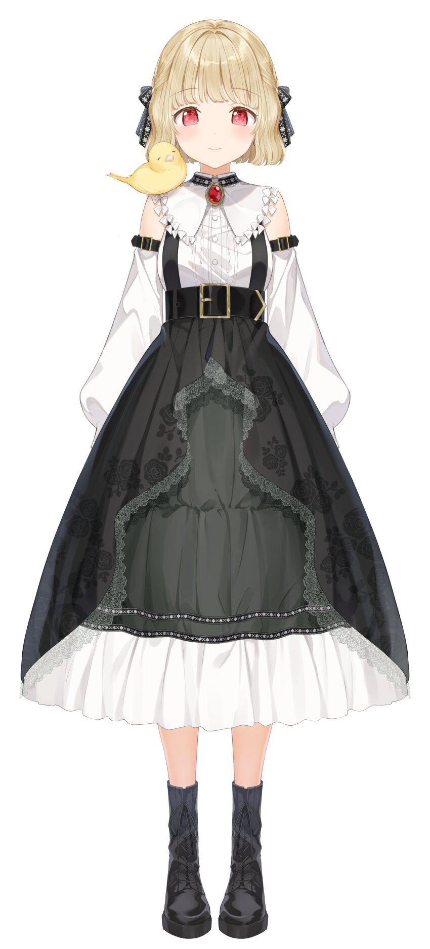 1girl absurdres animal animal_on_shoulder bare_shoulders bird bird_on_shoulder black_boots blonde_hair boots detached_sleeves full_body gem hair_ribbon highres kinako_(shiratama_mochi) kogara_toto kogara_toto_(gothic) layered_skirt lupinus_virtual_games official_art red_eyes red_gemstone ribbon second-party_source see-through_skirt_layer shirt short_hair simple_background skirt sleeveless sleeveless_shirt solo suspender_skirt suspenders virtual_youtuber vspo! white_background yellow_bird