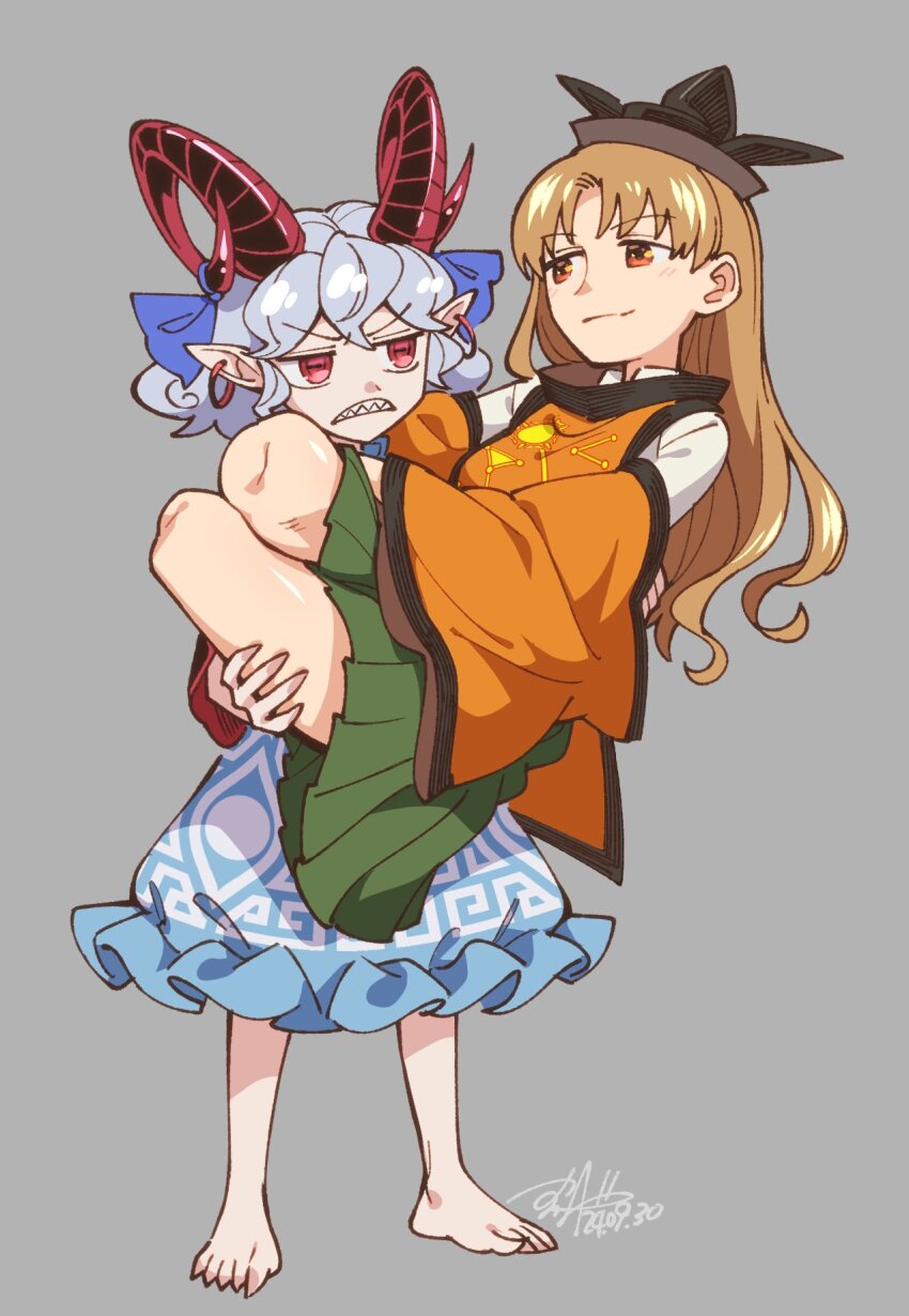 2girls barefoot carrying chinese_commentary dated earrings frown goat_girl goat_horns grey_background grey_hair hat highres horns jewelry light_brown_hair long_hair looking_at_another matara_okina medium_hair multiple_girls orange_eyes pointy_ears princess_carry red_eyes sharp_teeth shikido_(khf) signature simple_background skirt smile tabard teeth touhou toutetsu_yuuma yuri