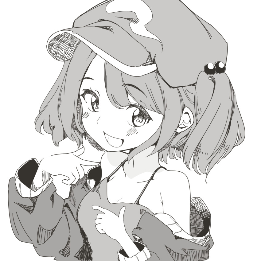 1girl blush breasts cactas7 collarbone hair_bobbles hair_ornament hat highres kawashiro_nitori long_sleeves looking_at_viewer medium_breasts monochrome open_mouth simple_background smile solo tank_top touhou upper_body white_background