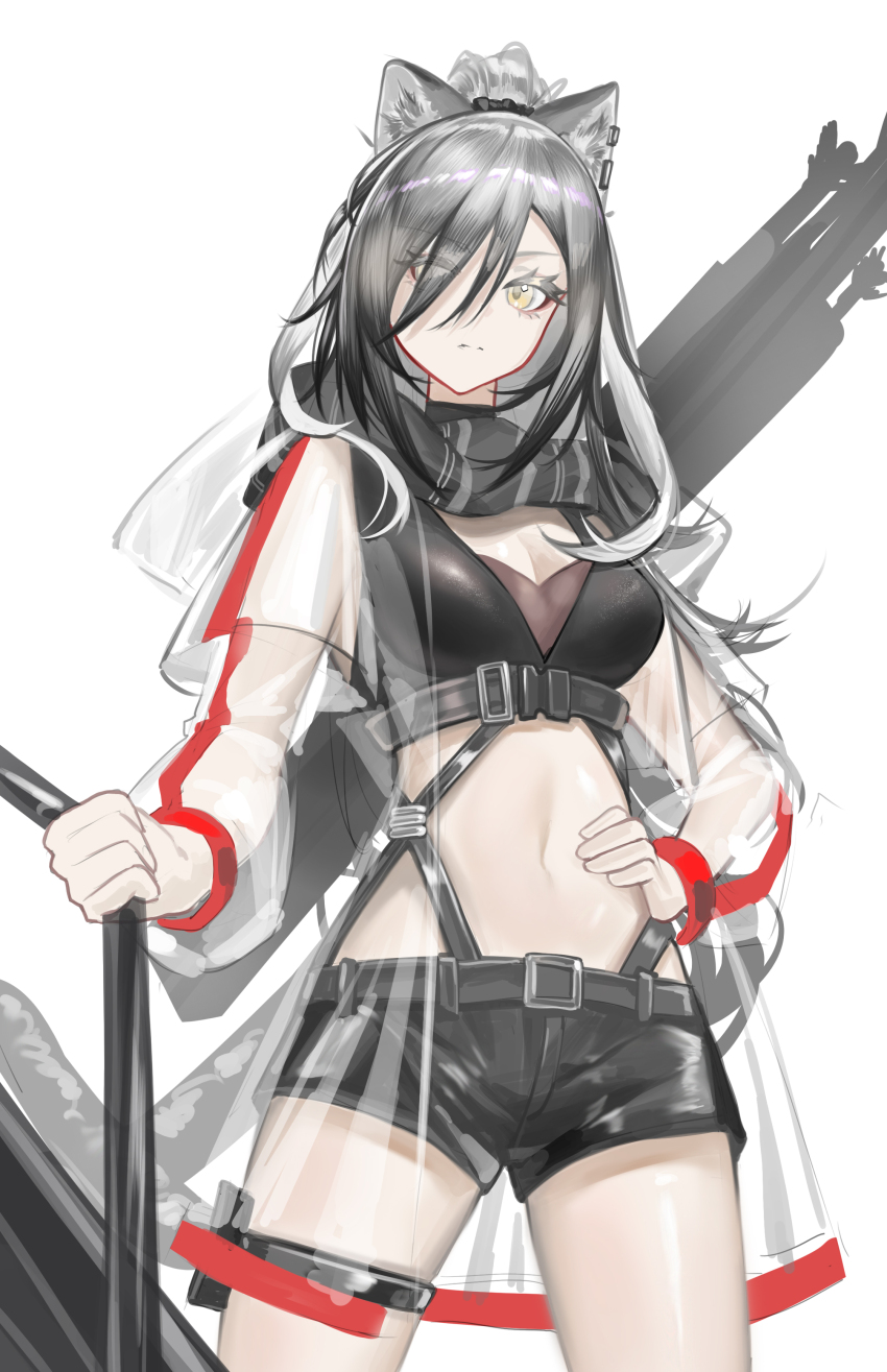 1girl absurdres animal_ears arknights black_scarf black_shorts breasts cat_ears cleavage commentary cowboy_shot crop_top grey_hair highres jacket long_hair looking_at_viewer medium_breasts midriff navel open_clothes open_jacket scarf schwarz_(arknights) shale short_shorts shorts simple_background solo standing stomach thighs white_background white_jacket yellow_eyes