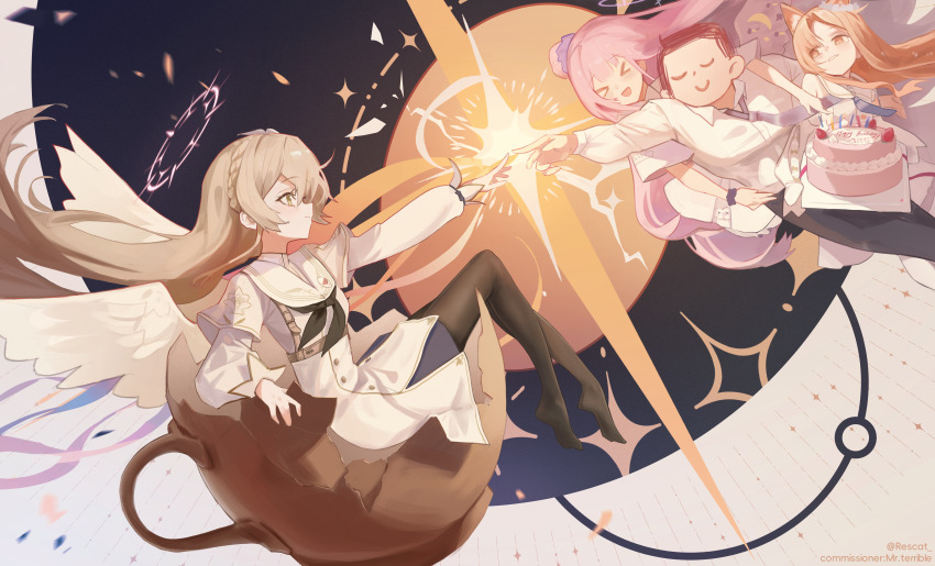 &gt;_&lt; 1boy 3girls absurdres angel_wings animal_ear_fluff animal_ears artist_name birthday_cake black_hair black_neckerchief black_necktie black_pants black_scrunchie blonde_hair blue_archive brown_eyes brown_hair cake cup detached_sleeves dress ear_wreath feathered_wings fine_art_parody food fox_ears hair_bun halo highres holding holding_cake holding_food light_particles long_hair looking_at_another low_wings mika_(blue_archive) multiple_girls nagisa_(blue_archive) neckerchief necktie open_mouth pants pantyhose parody pink_hair pink_halo reaching rescat scrunchie seia_(blue_archive) sensei_(blue_archive) shirt short_hair single_side_bun sitting sitting_on_object sleeves_past_fingers sleeves_past_wrists smile tea_party_(blue_archive) teacup the_creation_of_adam white_dress white_shirt white_wings wings wrist_scrunchie yellow_eyes