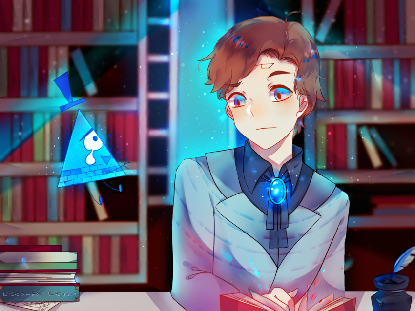 1boy aqua_eyes aqua_vest ascot bill_cipher book brooch brown_hair collared_shirt crying dark_persona dipper_gleeful dipper_pines facial_mark forehead_mark formal_clothes gem glowing_jewelry gravity_falls jewelry library shirt short_hair swept_bangs vest will_cipher