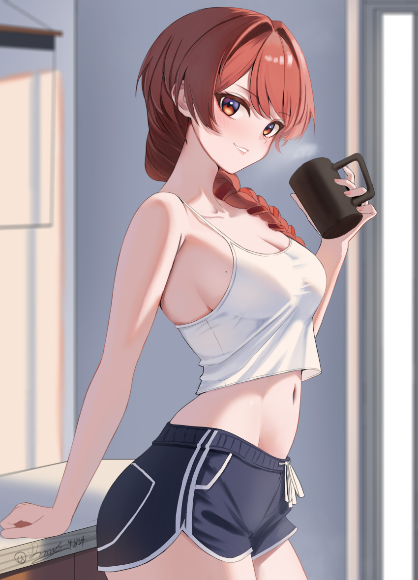 1girl absurdres black_shorts braid breasts camisole cleavage commentary_request counter crop_top cup dimos_(dawn_1945) dolphin_shorts hair_over_shoulder highres indoors kantai_collection long_hair looking_at_viewer medium_breasts midriff mug navel nevada_(kancolle) red_eyes red_hair shorts single_braid smile solo spaghetti_strap standing tank_top white_camisole