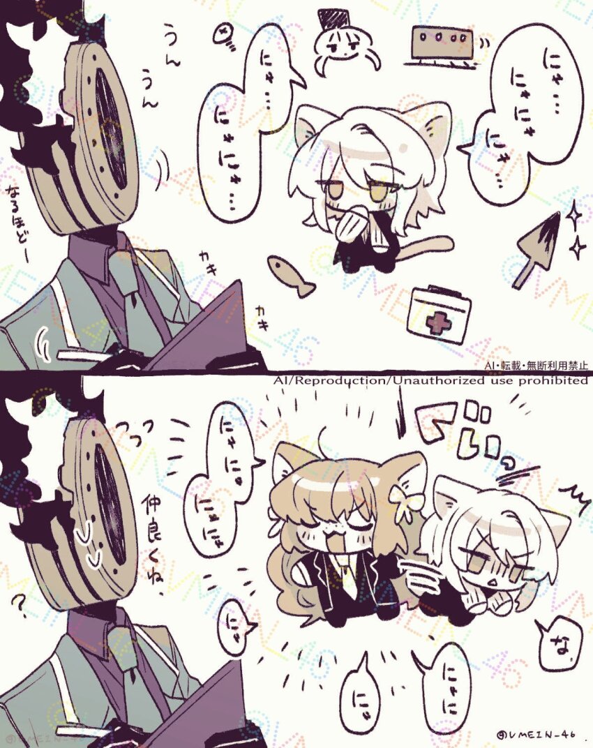 1other 2girls :3 animal_ears brown_thighhighs cat_ears charon_(project_moon) chibi clock closed_eyes dante_(limbus_company) faust_(project_moon) fire first_aid_kit fish highres ishmael_(project_moon) jacket lance lapels limbus_company long_hair mephistopheles_(project_moon) monochrome multiple_girls necktie notched_lapels object_head open_mouth polearm project_moon pushing_away sidelocks simple_background smile speech_bubble sweatdrop sweater thighhighs very_long_hair vmein_46 weapon