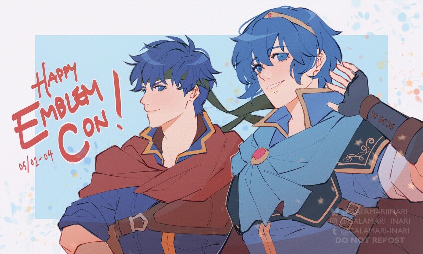 2boys aimaru blue_eyes blue_hair bluesky_username cape commentary english_commentary fire_emblem fire_emblem:_mystery_of_the_emblem fire_emblem:_path_of_radiance headband highres ike_(fire_emblem) instagram_username male_focus marth_(fire_emblem) multiple_boys nintendo short_hair smile tiara tumblr_username upper_body watermark