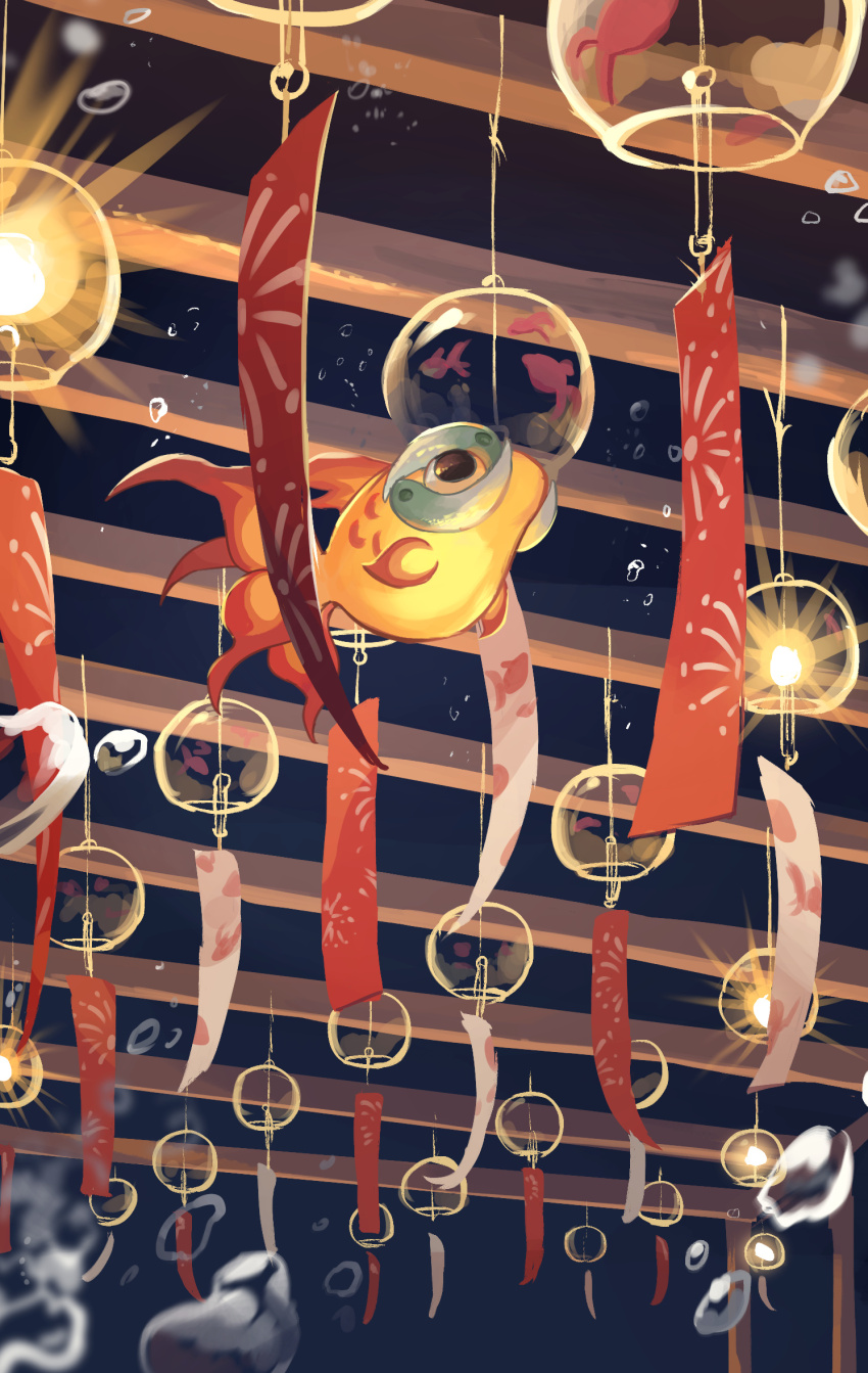 animal_print beads bubble chi-yu_(pokemon) colored_skin eyeball fire fish fish_print floating glass goldfish highres nintendo no_humans orange_skin pokemon pokemon_(creature) pokemon_focus tanzaku wind_chime wind_chime_focus yamaori_(hakkentai_pokedan)