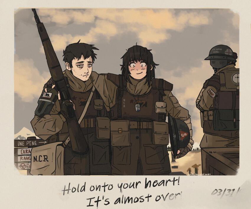 1girl 2boys absurdres arm_around_shoulder bag beard_stubble belt_pouch black_hair blush bulletproof_vest crate dated desert dog_tags english_text faceplate facial_hair fallout fallout:_new_vegas fingerless_gloves gloves grilled--cheese gun helmet highres holding holding_helmet looking_at_viewer medium_hair military_combat_uniform military_uniform mountainous_horizon multiple_boys ncr_trooper new_california_republic new_california_republic_flag photo_(object) pouch rifle road_sign satchel short_hair sign smile stubble suspenders trigger_discipline weapon