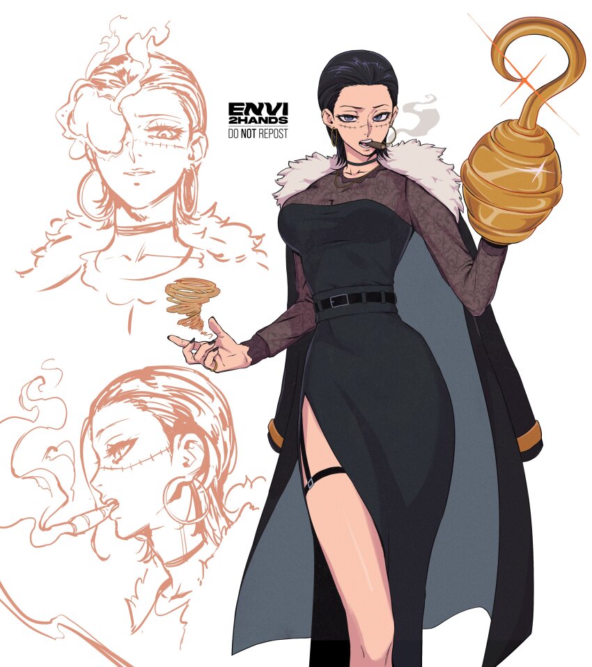 1girl absurdres artist_name belt belt_buckle black_belt black_choker black_coat black_dress black_hair black_nails breasts buckle choker cigar coat coat_on_shoulders collarbone commentary crocodile_(one_piece) dress earrings english_commentary envi2hands eyelashes fingernails forehead fur-trimmed_coat fur_trim genderswap genderswap_(mtf) glint grey_eyes hair_slicked_back hand_up highres hook hook_hand hoop_earrings jewelry long_sleeves looking_at_viewer medium_breasts mouth_hold multiple_views nail_polish necklace one_piece open_mouth profile sand scar scar_on_face short_hair side_slit simple_background smoke teeth thigh_strap watermark white_background
