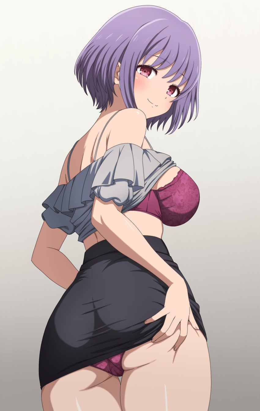 1girl absurdres ass bang_dream! bang_dream!_it&#039;s_mygo!!!!! black_skirt bra breasts closed_mouth clothes_lift commentary_request gradient_background grey_hair grey_shirt highres large_breasts noshimurin panties pink_eyes purple_bra purple_hair purple_panties shirt shirt_lift short_hair short_sleeves skirt skirt_lift solo underwear yuutenji_nyamu