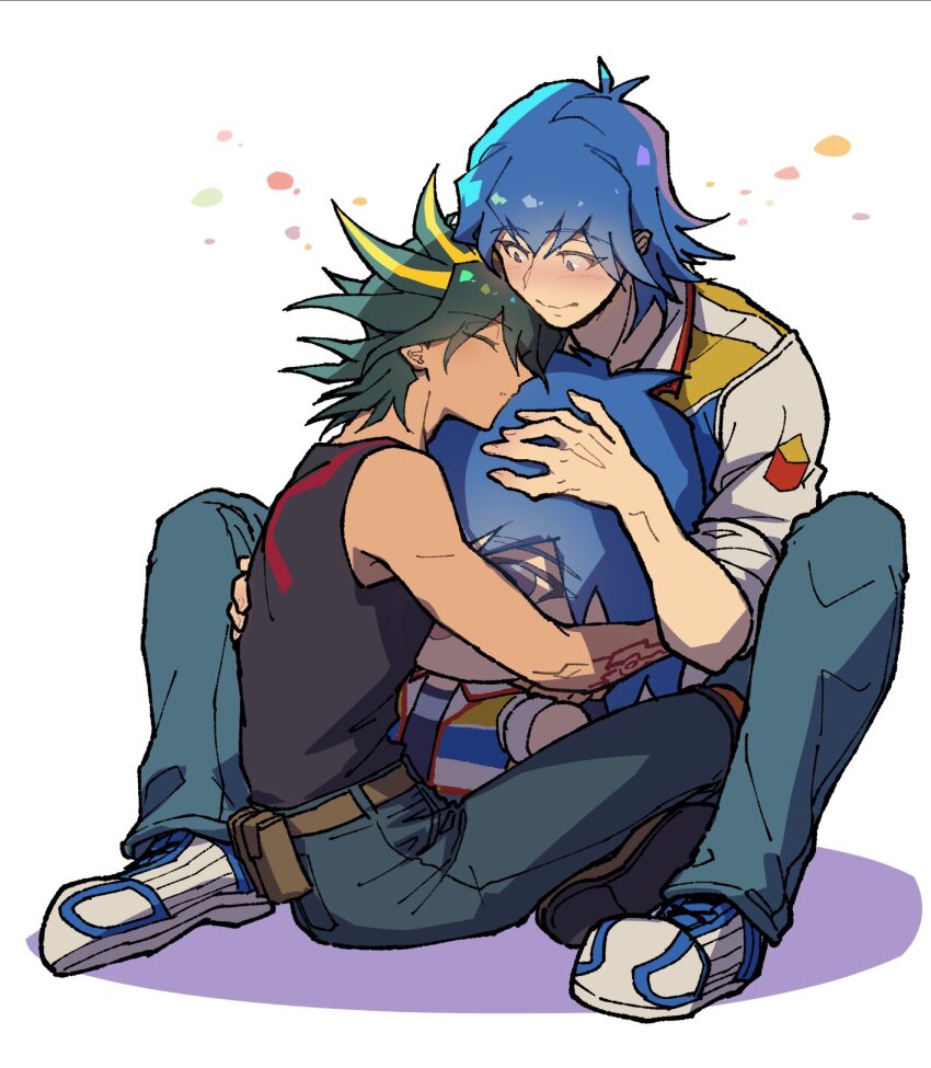 2boys black_hair black_shirt blonde_hair blue_hair blue_pants blush bruno_(yu-gi-oh!) closed_eyes denim fudo_yusei highres jacket male_focus medium_hair missing_commentary multiple_boys pants shirt simple_background sleeping sleeveless sleeveless_shirt spiked_hair stuffed_toy white_background white_jacket youko-shima yu-gi-oh! yu-gi-oh!_5d&#039;s