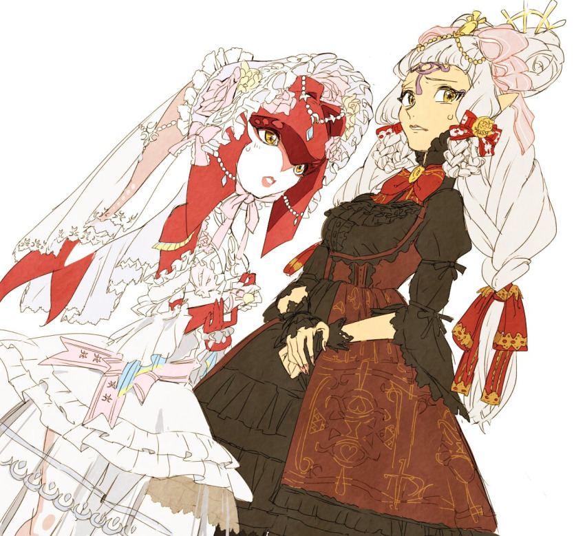 0pe8tmgsicrulff 2girls bridal_veil commentary dress english_commentary english_text fish_girl hyrule_warriors:_age_of_calamity impa jewelry mipha monster_girl multiple_girls nintendo pointy_ears ponytail sheikah solo solo_focus the_legend_of_zelda the_legend_of_zelda:_breath_of_the_wild translated veil wedding_dress zora
