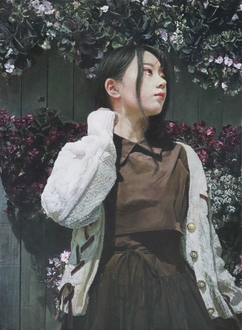 1girl absurdres asian black_hair black_skirt brown_shirt coat flower highres looking_to_the_side naohiro_ito original painting_(medium) photorealistic purple_flower realistic shadow shirt skirt traditional_media white_coat white_flower