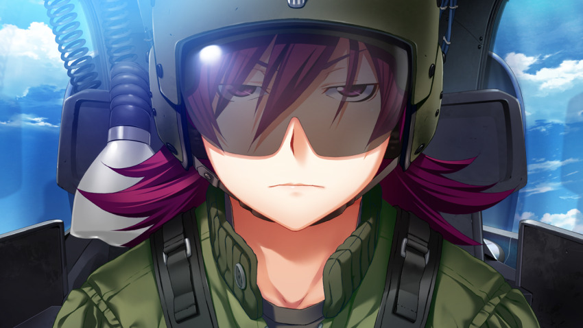 1girl closed_mouth cloud cockpit day expressionless flight_suit fumio_(ura_fmo) game_cg green_helmet green_jumpsuit grisaia_(series) grisaia_no_rakuen hair_between_eyes helmet jumpsuit large_variant_set looking_at_viewer medium_hair milliela_stanfield non-web_source official_art pilot_helmet portrait purple_eyes purple_hair solo variant_set