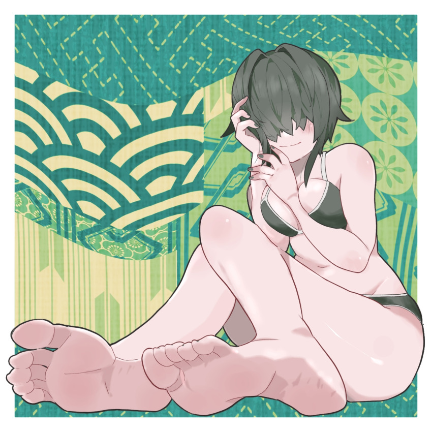 1girl aqua_background arm_between_breasts bare_arms bare_legs bare_shoulders barefoot between_breasts black_bra black_hair black_nails black_panties border bra breasts commission facing_viewer feet foot_focus foreshortening from_side green_background hair_over_eyes hand_on_own_head highres knees_up light_blush linea_alba long_bangs long_toes medium_breasts messy_hair nail_polish navel nervous no_eyes non-web_source on_floor original pale_skin panties pattern_request patterned_background playing_with_own_hair rin_(boltclash) shiny_skin sitting skeb_commission smile soles solo stomach straight_hair thick_thighs thighs toenail_polish toenails toes underwear underwear_only ushiki_yoshitaka white_border white_trim yellow_background