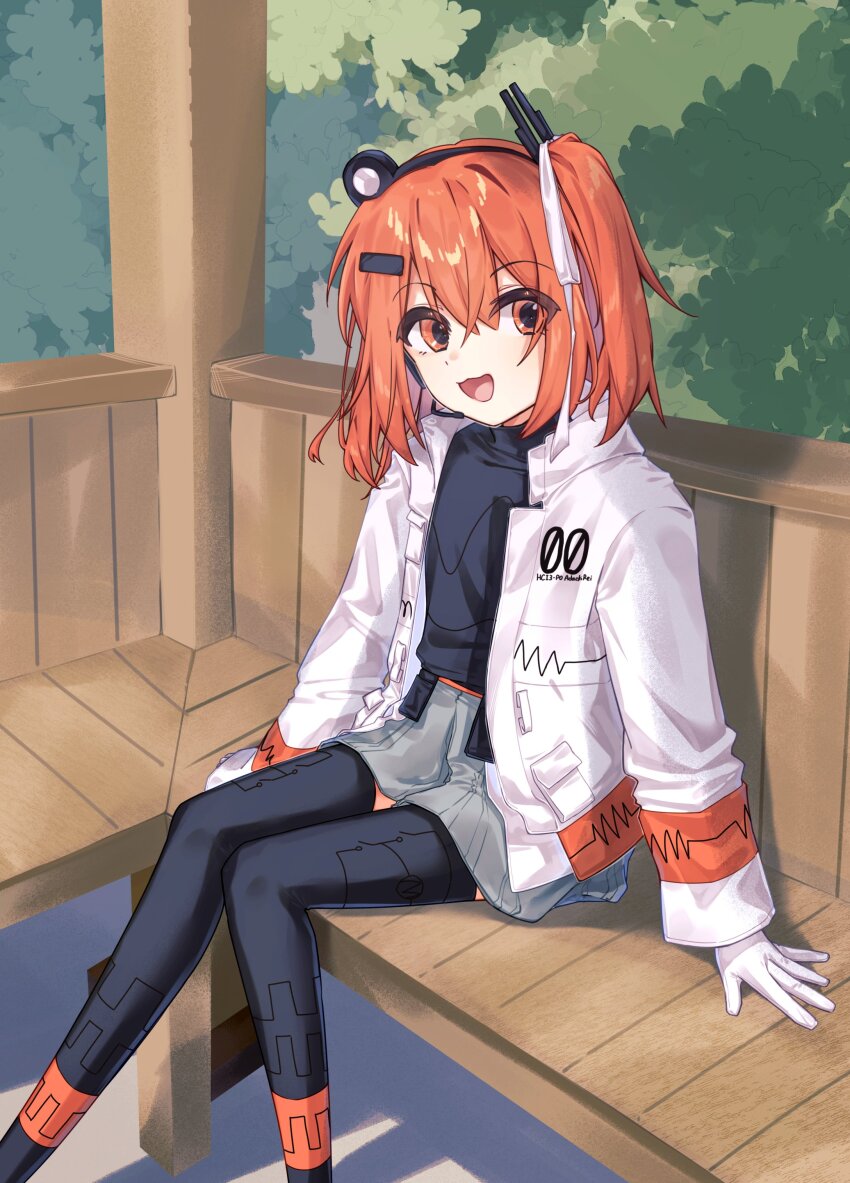 1girl a.i._voice absurdres adachi_rei black_shirt black_thighhighs feet_out_of_frame gazebo gloves grey_shorts hair_ornament hair_ribbon hamano_yui headset highres jacket long_sleeves looking_at_viewer medium_hair one_side_up open_clothes open_jacket open_mouth orange_eyes orange_hair outdoors ribbon shirt short_shorts shorts sitting smile solo thighhighs utau white_gloves white_jacket white_ribbon