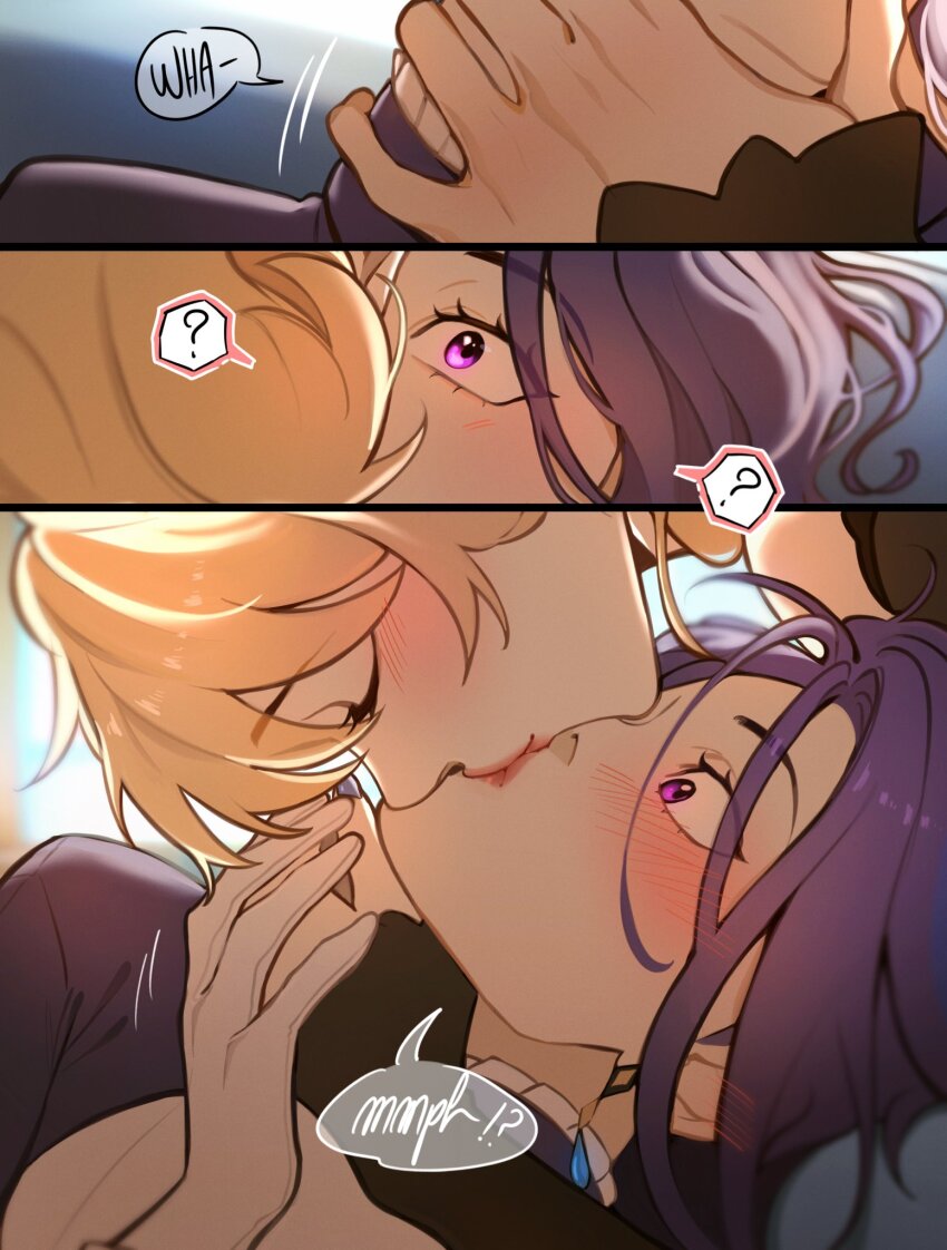 2girls ? blonde_hair blue_hair blush clorinde_(genshin_impact) closed_eyes dark_blue_hair english_text genshin_impact highres kiss multiple_girls navia_(genshin_impact) purple_eyes spoken_question_mark surprise_kiss surprised upside-down_kiss wiistef yuri