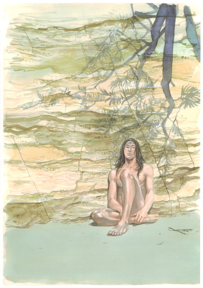 1boy absurdres beach black_hair branch censored cliff convenient_censoring convenient_leg hands_on_legs hanging_tree highres inoue_takehiko knee_up long_hair male_focus nude pine_tree sasaki_kojirou sitting solo tree twig vagabond