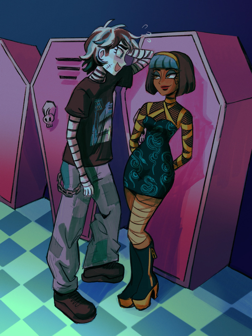 2girls alternate_costume alternate_hair_length alternate_hairstyle aqua_eyes aqua_hair black_footwear black_hair black_shirt blue_eyes blunt_bangs blush bob_cut boots breasts brown_hair chain checkered_floor cleo_de_nile coffin colored_skin commentary couple dark-skinned_female dark_skin dress english_commentary eye_of_horus eyeshadow flandrepudding frankie_stein full_body height_difference high_heel_boots high_heels highres indoors leg_wrap locker long_sleeves looking_at_another makeup mesh monster_high multicolored_hair multiple_girls open_mouth pants red_lips shirt shoes short_dress short_hair short_sleeves small_breasts smile snake_print standing t-shirt yuri zipper_pull_tab