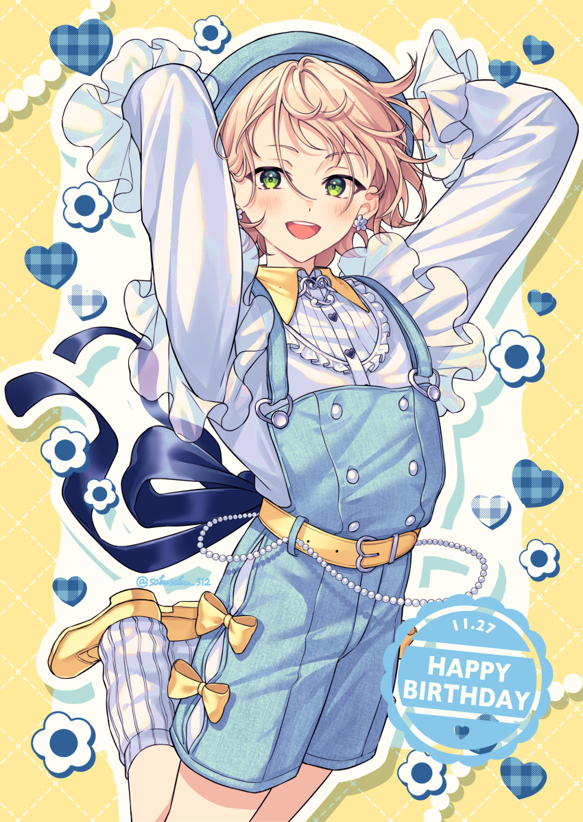 1boy :d arms_up belt blonde_hair blue_hat blue_overalls blush collared_shirt commentary_request contrast_collar drop_shadow ensemble_stars! green_eyes grid_background happy_birthday hat highres legs_up long_sleeves looking_at_viewer lq_saku male_focus open_mouth outline overalls ribbed_socks shiratori_aira_(ensemble_stars!) shirt shoes short_hair smile socks solo white_outline white_shirt white_socks yellow_background yellow_belt yellow_shoes