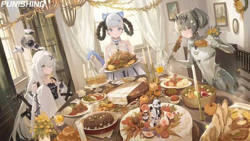 3girls absurdres ahoge ashukapeka bambinata_(pgr) bare_shoulders bird blue_eyes bodysuit bonnet braid braided_hair_rings broccoli cake candle candlestand character_doll chest_of_drawers chewing chicken chicken_(food) chicken_leg circlet closed_mouth collar commentary copyright_name cup curtains detached_sleeves doll dress drone dutch_angle english_commentary food frilled_collar frills fruit gravy grey_bodysuit grey_eyes grey_hair haicma:_starveil_(pgr) haicma_(pgr) haicma_(punishing:_gray_raven) hair_ornament hair_over_one_eye hair_rings heart heart_hair_ornament high_ponytail highres holding holding_skewer lemon lemon_slice long_hair looking_at_viewer mashed_potatoes mechabare mechanical_legs mole mole_under_eye multiple_girls nanami:_starfarer_(pgr) nanami_(pgr) no._21:_xxi_(pgr) no._21_(pgr) official_art picture_frame pie pilot_suit plant plate ponytail potted_plant pov pumpkin punishing:_gray_raven robot shish_kebab sitting skewer smile standing table thanksgiving tiara turkey_(food) vanessa_(pgr) vera:_garnet_(pgr) vera_(pgr) very_long_hair white_dress white_hair window wooden_table x_hair_ornament