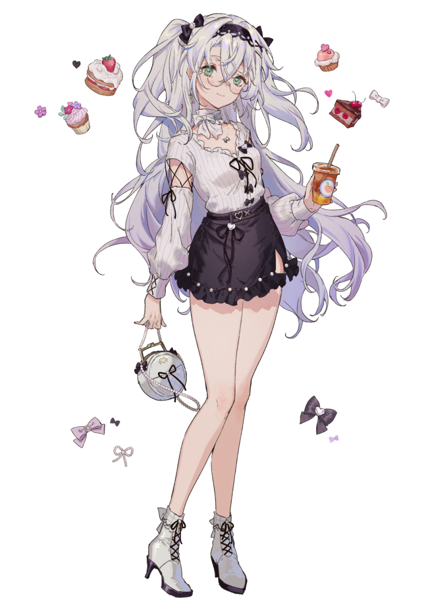 1girl bag black_bow black_hairband black_skirt blush boots bow cake closed_mouth commentary commission cup detached_sleeves disposable_cup drinking_straw food full_body green_eyes grey_hair hair_bow hairband highres holding holding_bag holding_cup long_hair looking_at_viewer original shirt skeb_commission skirt solo standing thighs twintails white_boots white_shirt yutsumoe