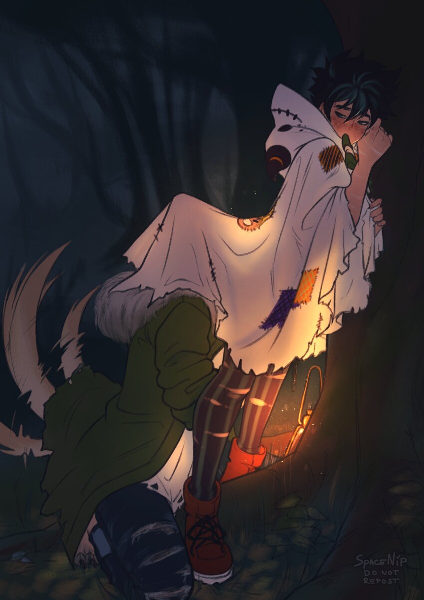 2boys animal_feet bakugou_katsuki boku_no_hero_academia forest freckles from_side ghost_costume green_hair highres implied_anilingus kneeling lantern male_focus midoriya_izuku multiple_boys nature night short_hair spacenipnops standing tail tail_wagging wolf_tail yaoi