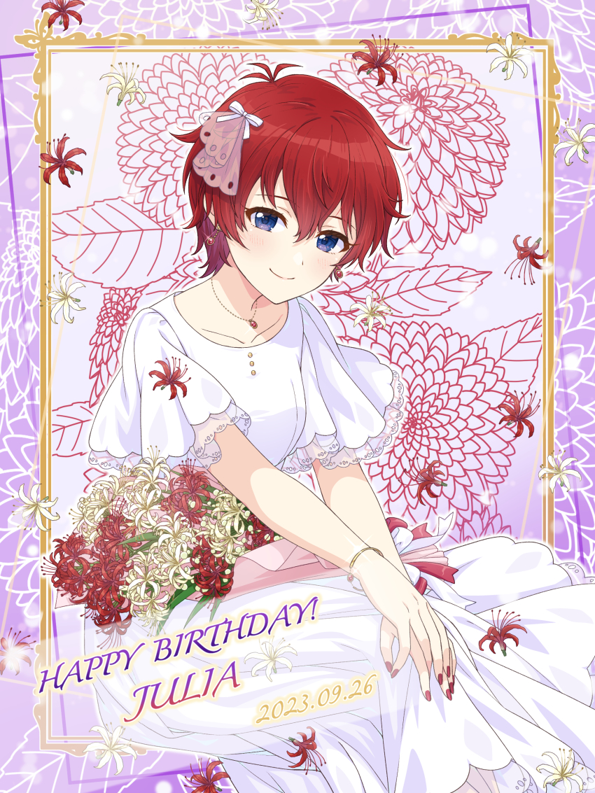 1girl 2023 absurdres blue_eyes blush bouquet bow bracelet character_name closed_mouth collarbone dress earrings flower hair_between_eyes hair_ornament happy_birthday highres idolmaster idolmaster_million_live! idolmaster_million_live!_theater_days jewelry julia_(idolmaster) looking_at_viewer applying_manicure nail_polish necklace red_flower red_hair see-through_clothes see-through_sleeves shiro_(ongrokm) short_hair smile solo spider_lily white_dress white_flower white_spider_lily