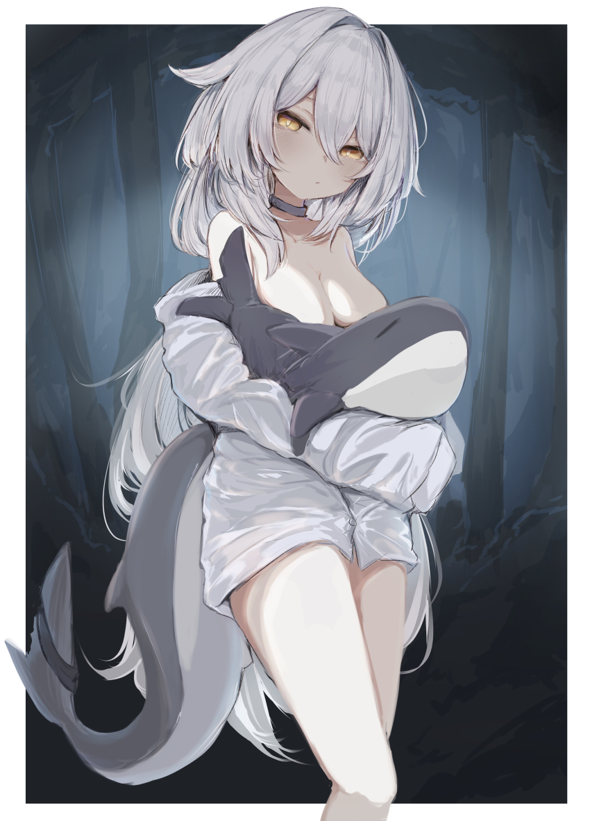 1girl absurdres bare_legs bare_shoulders black_choker blue_choker blush border bottomless breasts cetacean_tail choker cleavage closed_mouth collarbone double-parted_bangs dress_shirt expressionless feet_out_of_frame fins fish_tail forest grey_hair hair_between_eyes hair_flaps hair_intakes highres holding holding_stuffed_toy hugging_doll hugging_object large_breasts long_hair long_sleeves looking_at_viewer medium_breasts mok4suke naked_shirt nature night no_bra off_shoulder open_clothes open_shirt outdoors outside_border oversized_clothes parted_lips partially_unbuttoned rurune_(vrchat) shark_girl shark_tail shirt sidelocks sleeves_past_fingers sleeves_past_wrists solo standing stuffed_animal stuffed_shark stuffed_toy tail thighs tree very_long_hair vrchat white_border white_hair white_shirt yellow_eyes