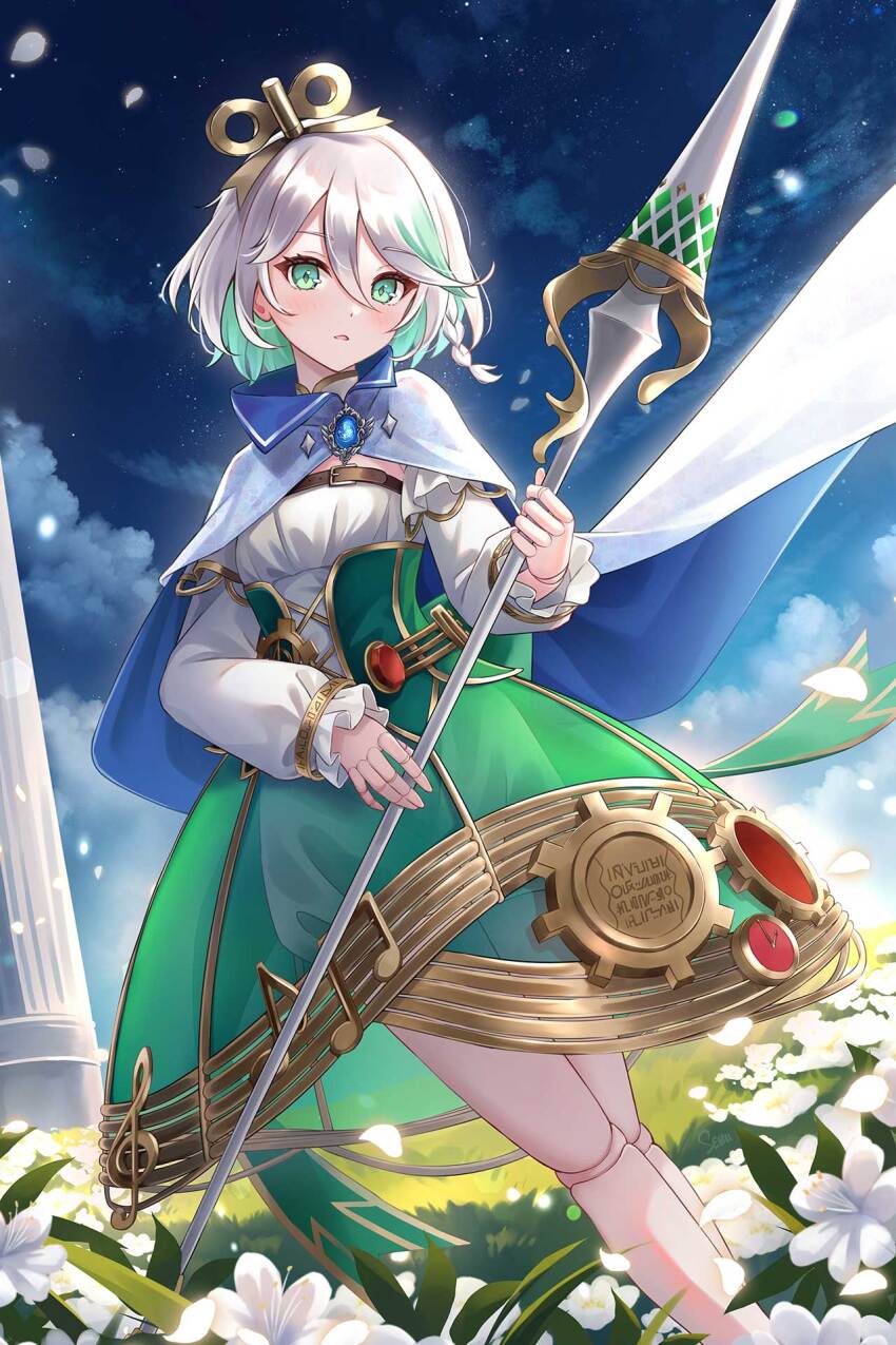 1girl armor armpits back_bow badge blush bow bowtie braid breasts cape cecilia_immergreen cecilia_immergreen_(1st_costume) cloud colored_inner_hair corset detached_sleeves doll doll_joints double-parted_bangs dress emblem enigmatic_recollection falling_petals field flower flower_field frills gold_trim green_corset green_eyes green_hair green_skirt grey_hair hashtag-only_commentary high_collar highres holding holding_polearm holding_weapon hololive hololive_english jewelry joints lance light_blush long_sleeves medium_hair multicolored_hair parted_lips petals pillar polearm ribbon romper sebu_illust see-through_clothes see-through_skirt side_braid single_braid skirt sky small_breasts solo strapless strapless_romper streaked_hair virtual_youtuber weapon white_cape white_romper white_sleeves winding_key